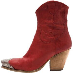 Women's Red Faux Leather Steel Toe Side Zipper Block Heel Western Ankle Boots